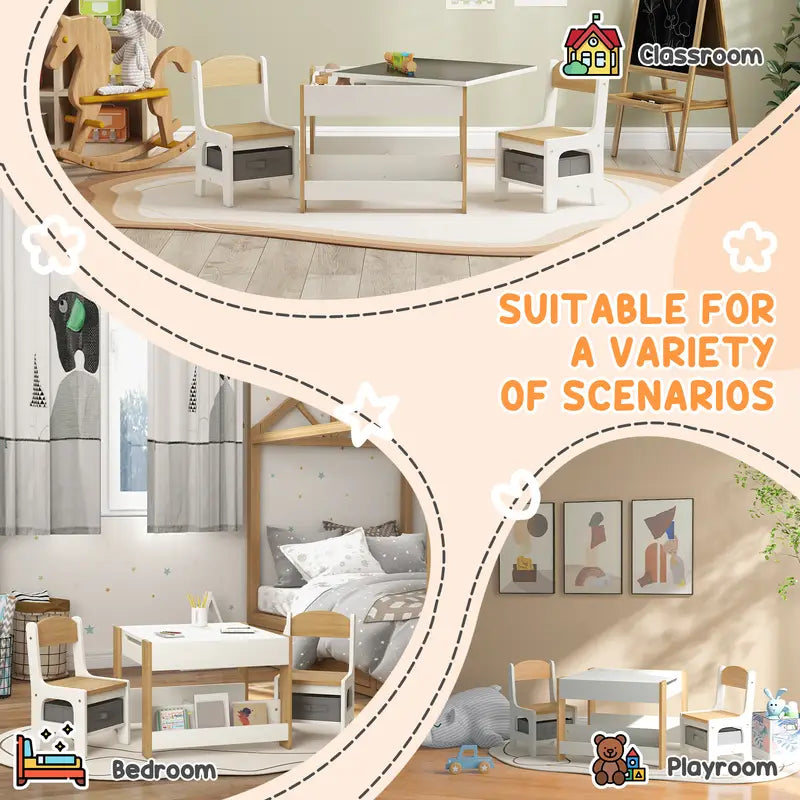 3pcs Kids Table and Chair Set with Reversible Tabletop