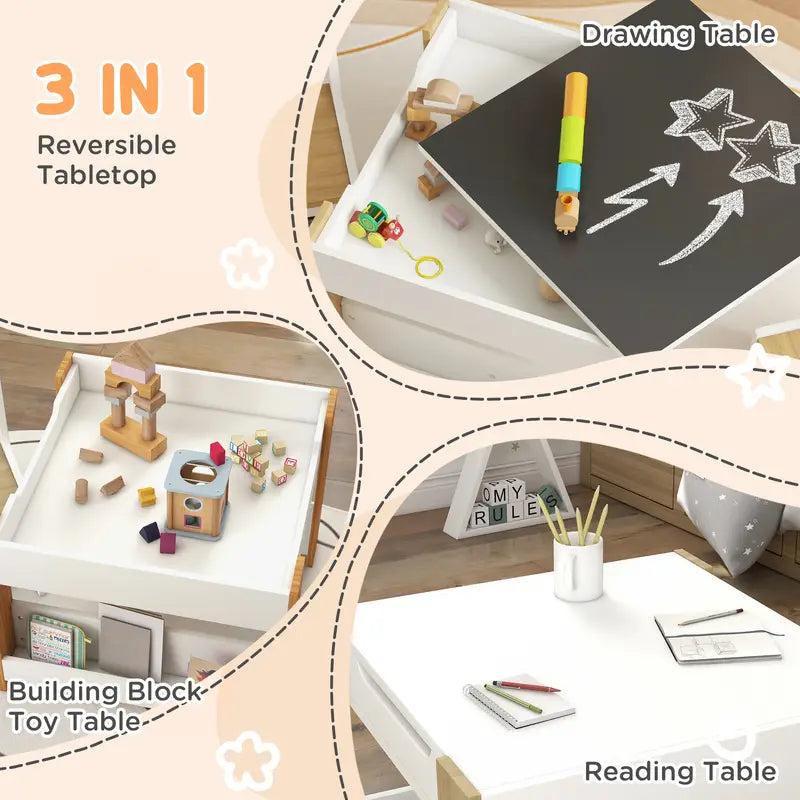 3pcs Kids Table and Chair Set with Reversible Tabletop
