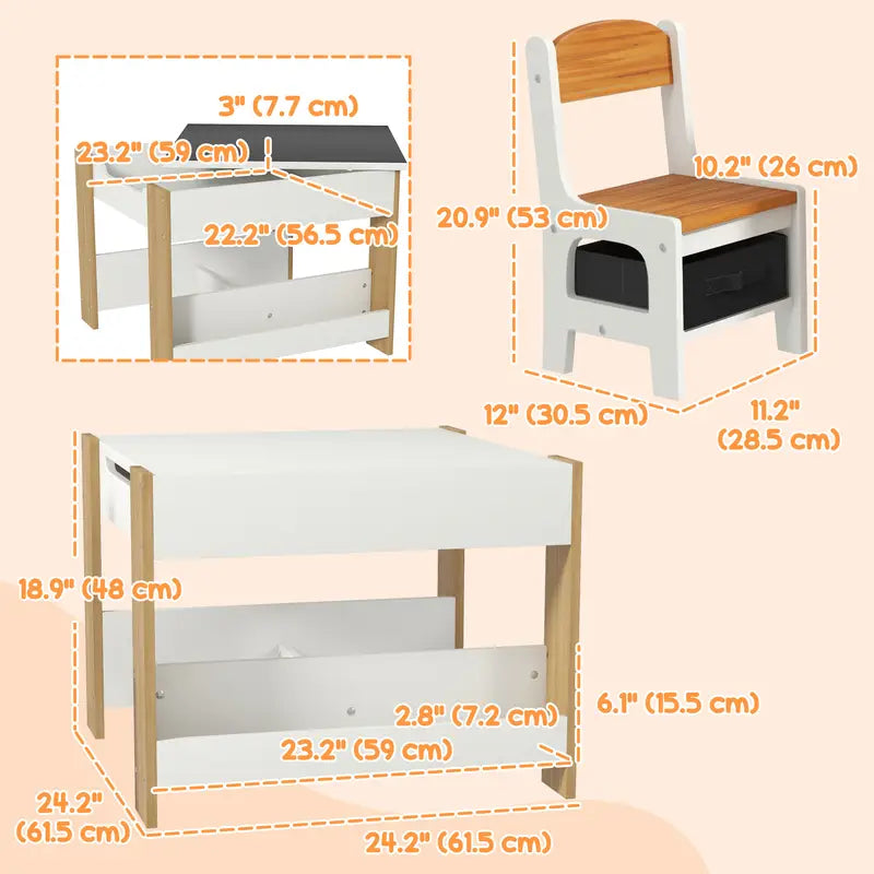 3pcs Kids Table and Chair Set with Reversible Tabletop