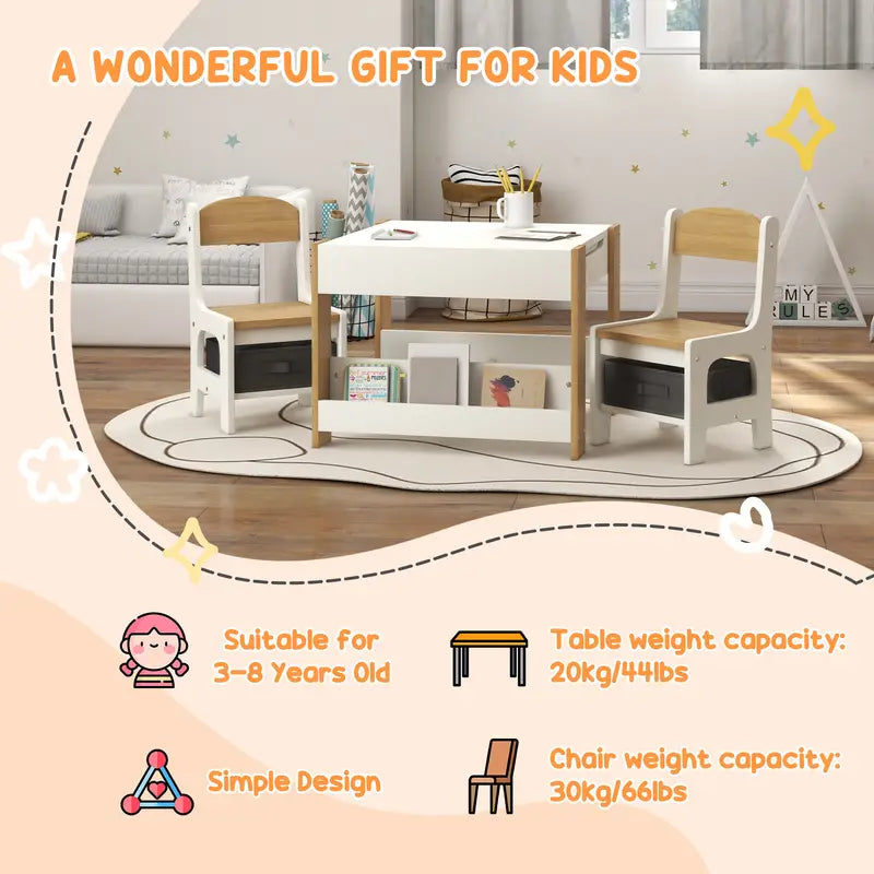 3pcs Kids Table and Chair Set with Reversible Tabletop