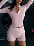 Zipper Front Long Sleeve Top and Shorts Active Set